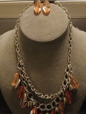 Silver Chain Necklace with Amber Teardrop Charms - Women's Jewelry